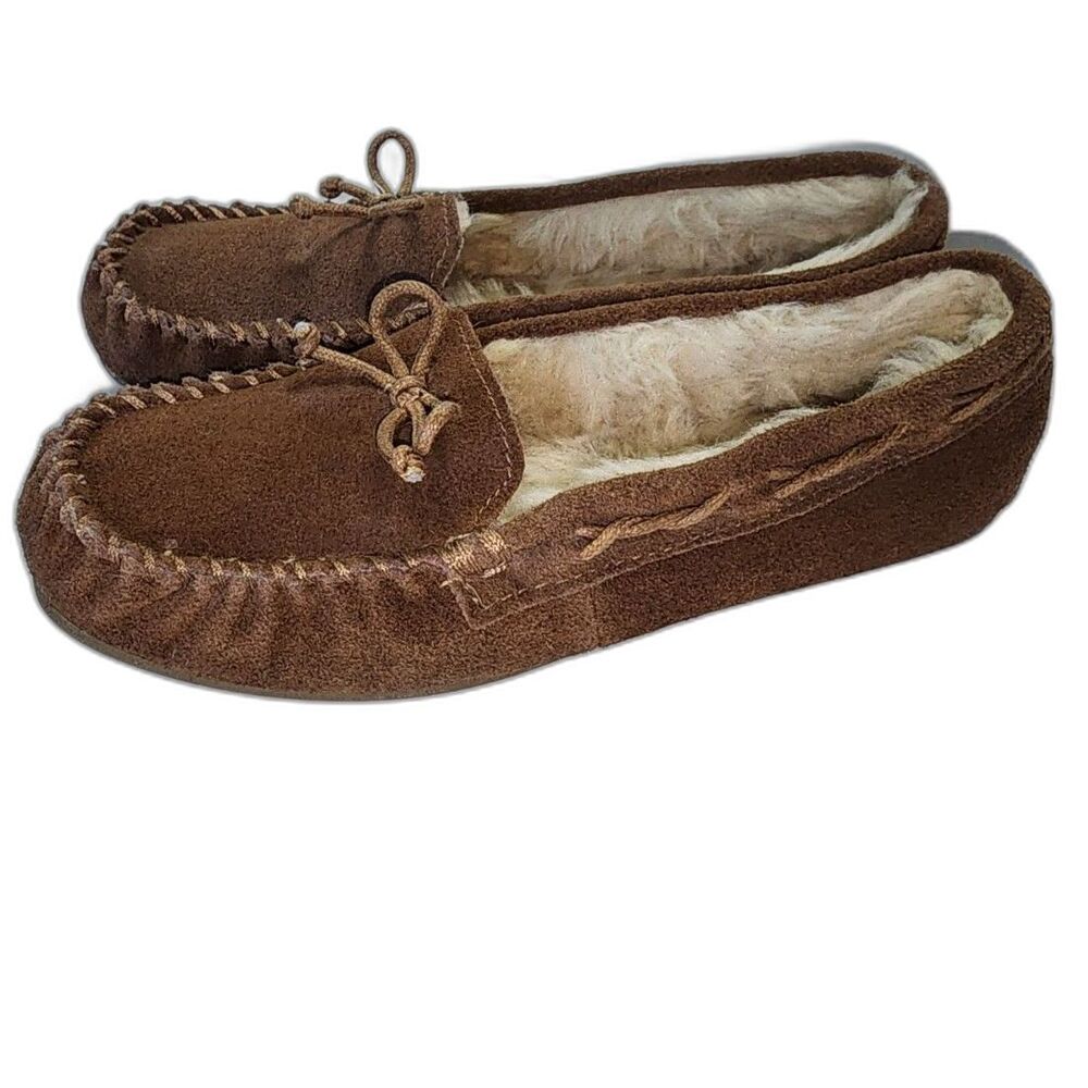 Women's Brown Leather Faux Fur Lined Moccasin Slipper Sz 5/6